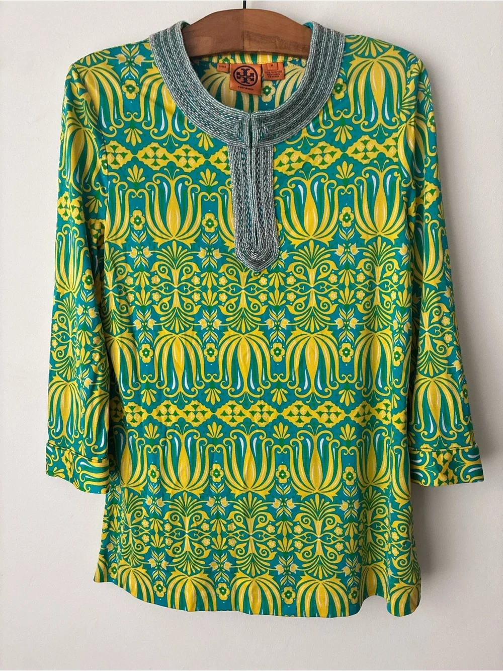 Tory Burch Top Women’s Medium 100% Silk Beaded Blouse Resort Wear Caftan Tunic